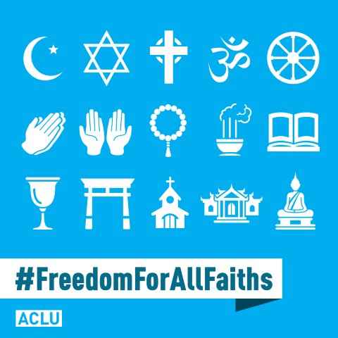 Collection of religious symbols rendered in white against a light blue background with #freedom for all faiths at the bottom