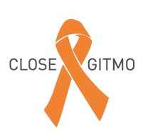 "Close Gitmo" in dark font with an orange ribbon against a white background