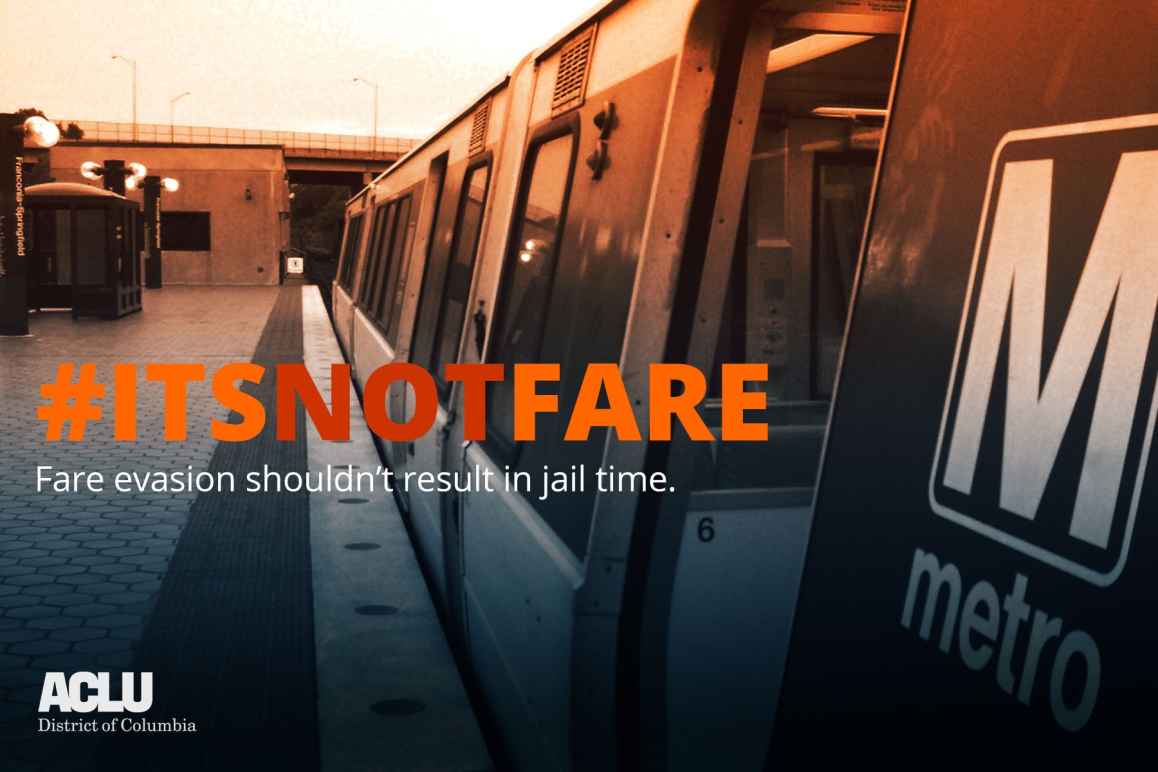 sepia-tone photo of Metro train with #ItsNotFare slogan across front