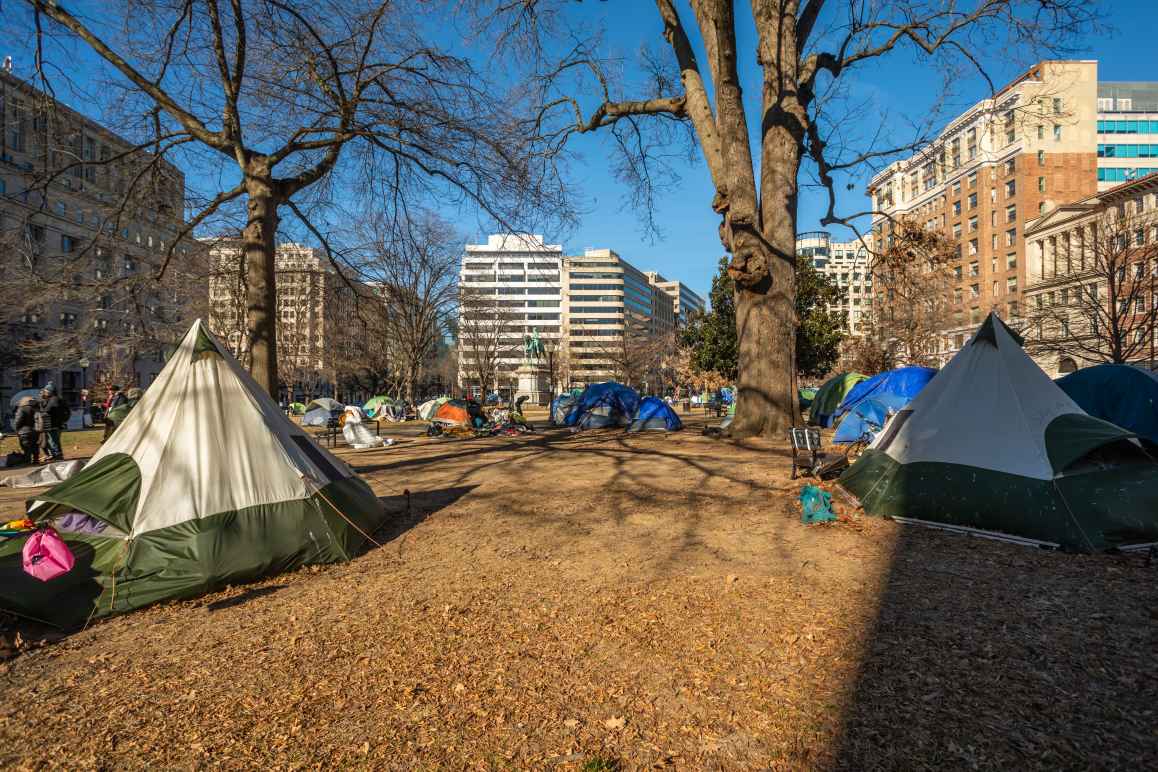 Washington, DC - 04 February 2023: Homeless Encampment on McPherson Square in Downtown Washington, D.C.