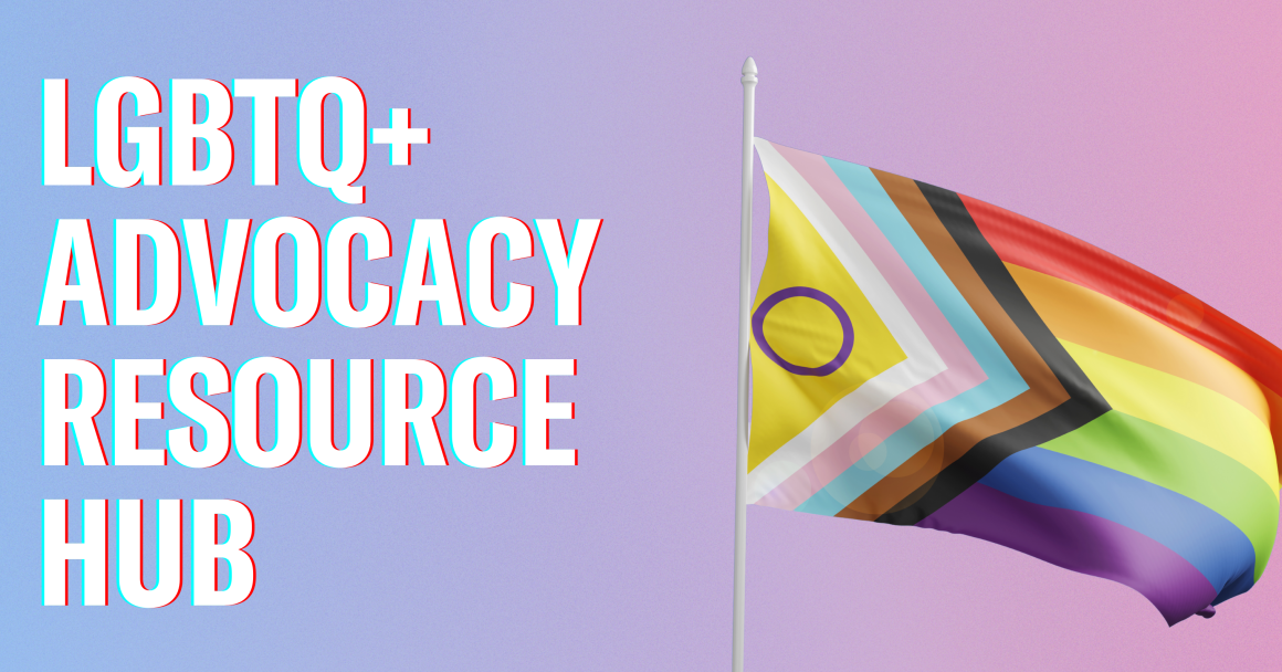 On a blue and pink gradient background, an inclusive pride flag waves. Text: LGBTQ+ Advocacy Resource Hub