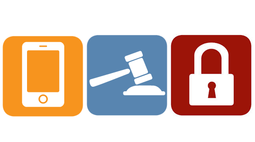 Three icons that are yellow, blue, and red. The first is a stylize smart phone, the second is a gavel, and the third is a padlock
