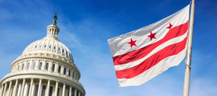 D.C. flag flying near Congress building with blue sky