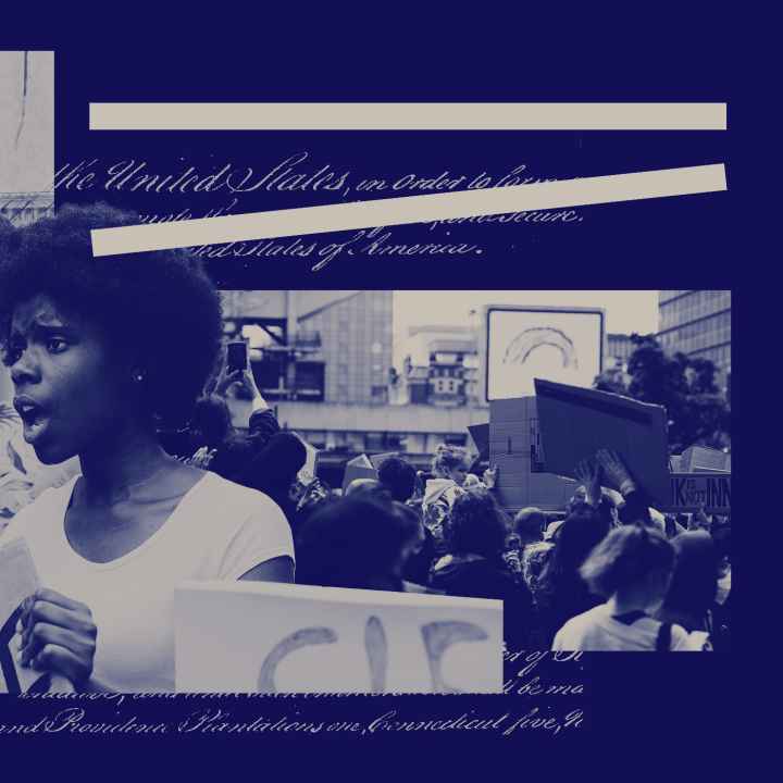 A graphic featuring a crowd of people demonstrating and the Preamble to the United States Constitution.