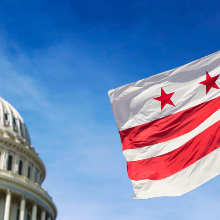 D.C. flag flying near Congress building with blue sky